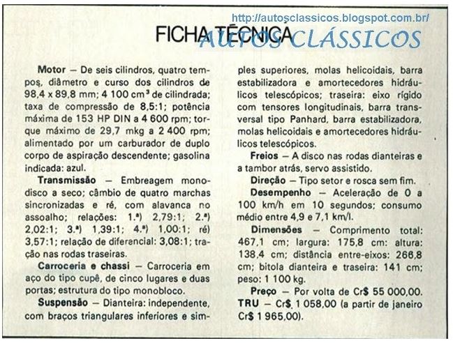 Ficha Técnica - GM Opala 250S